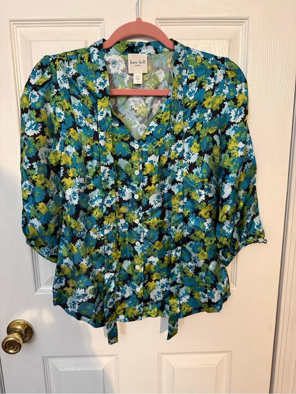 Kate Hill Green and Blue Floral Button-Front Blouse